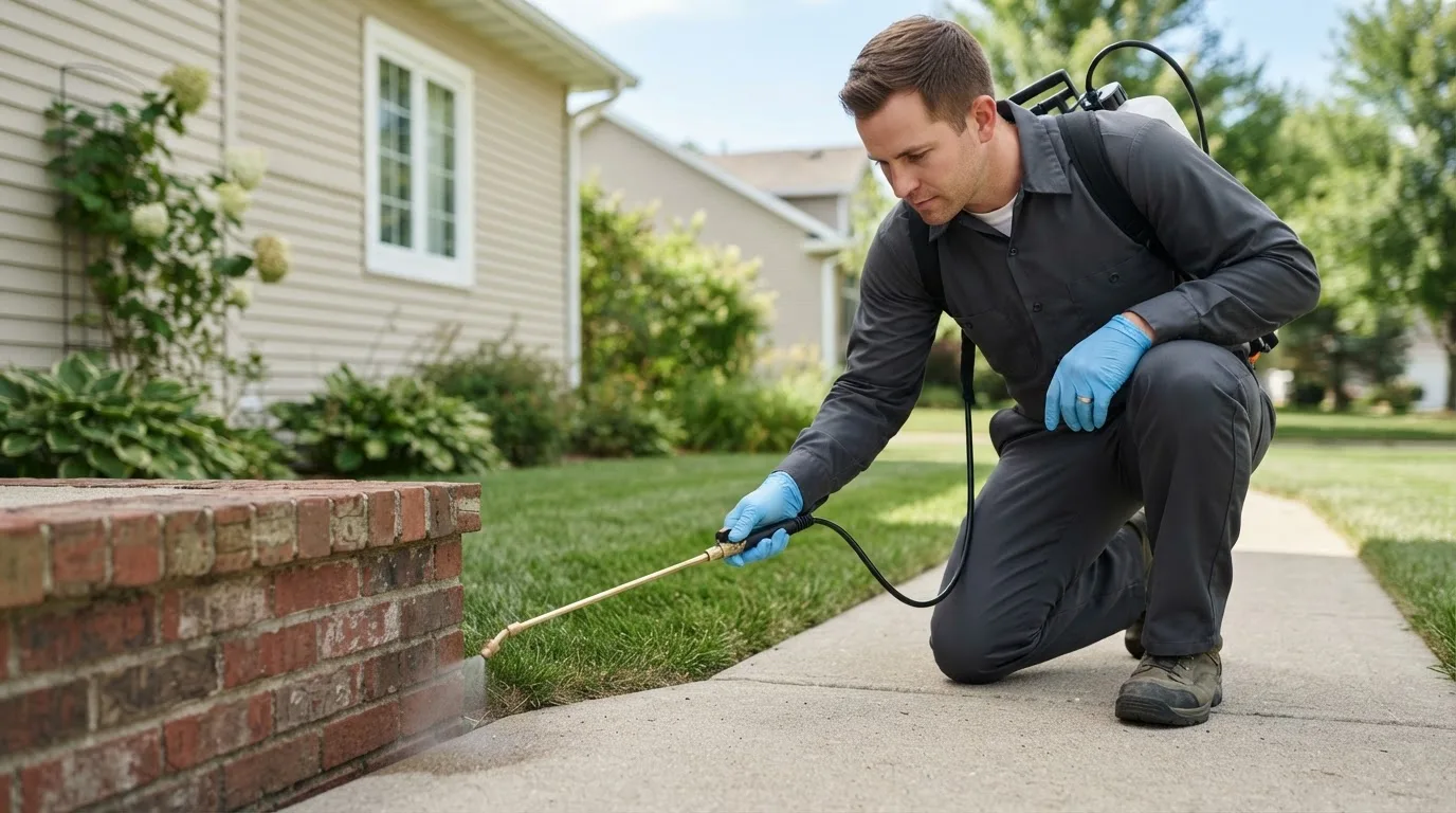 Pest control technician treating a home near Richville, MN